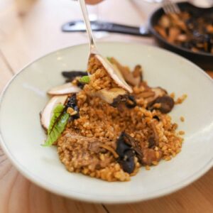 Risotto de petit épeautre aux champignons des bois et sauce aux noix