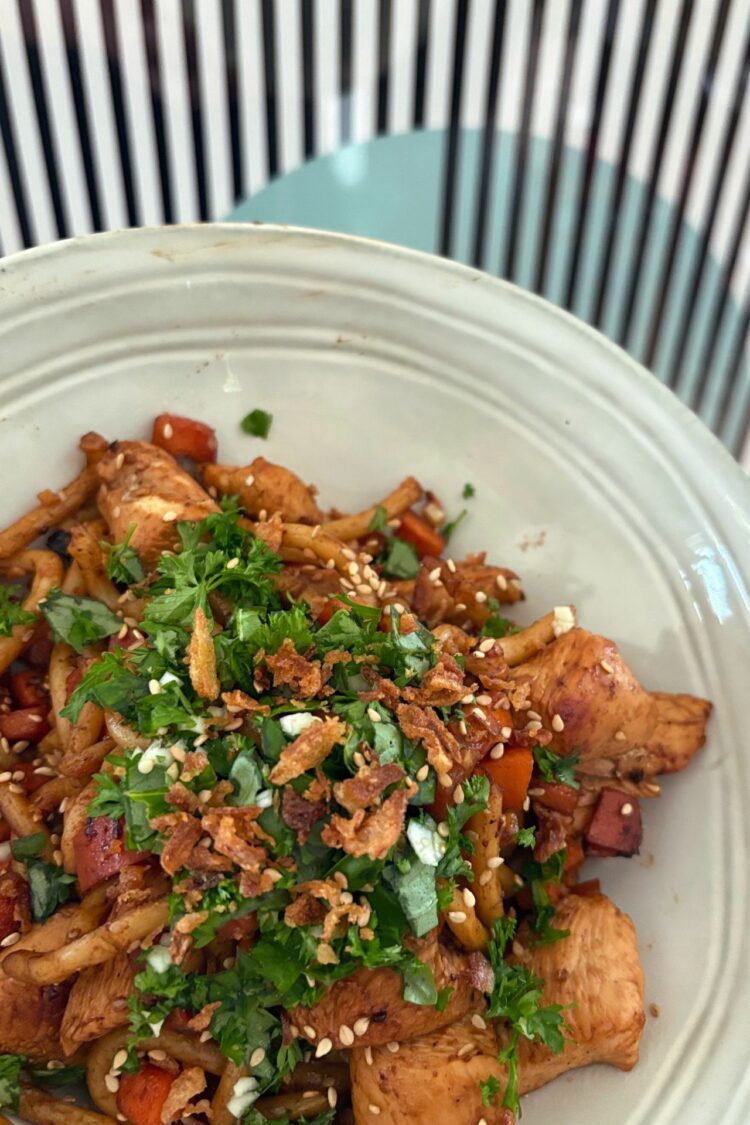 Nouilles udon sésame, soja, poulet et carottes de Julie