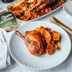 Chapon de faisan aux pommes et aux châtaignes au cidre