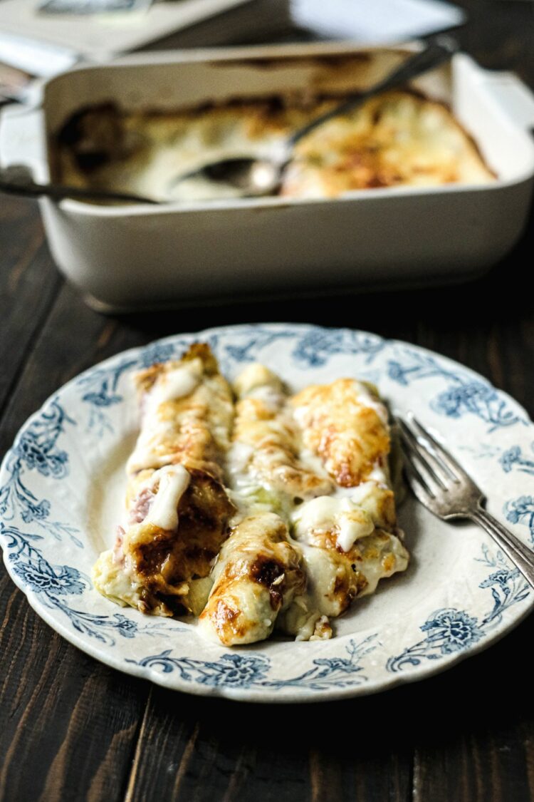 Gratin de poireaux, jambon cru et Beaufort