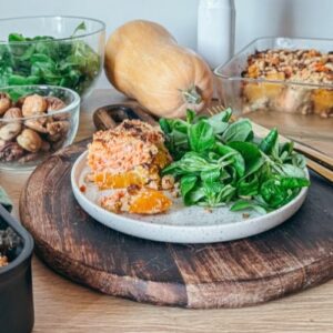 Crumble butternut, châtaignes et truite