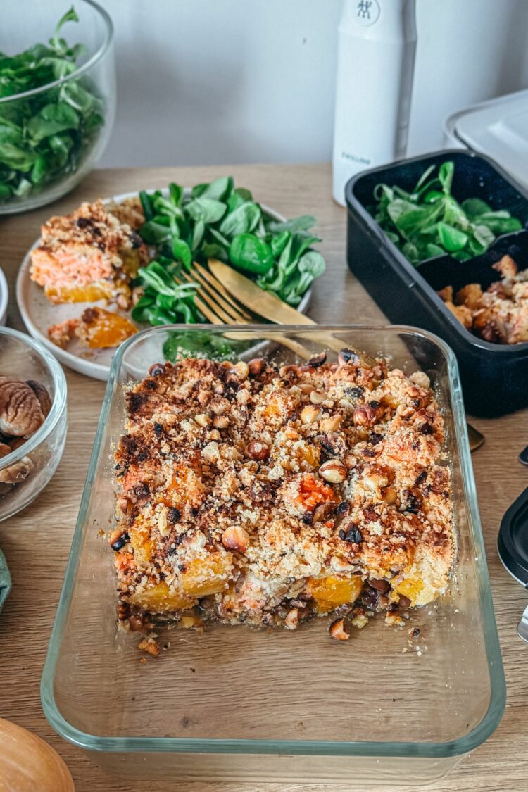 Crumble butternut, châtaignes et truite